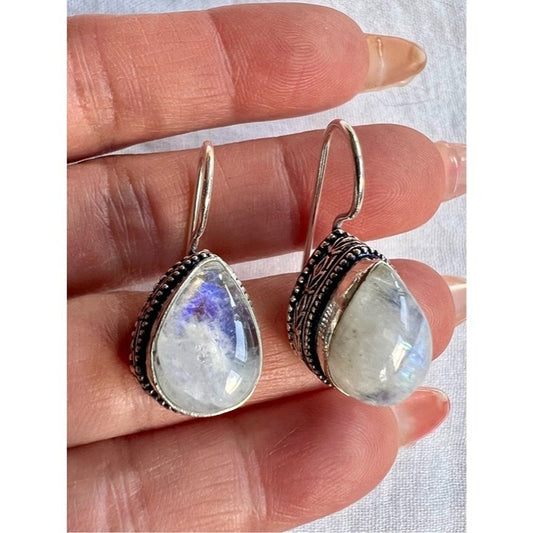 925 Petite Ornate Rainbow Flash Moonstone Drop Earrings