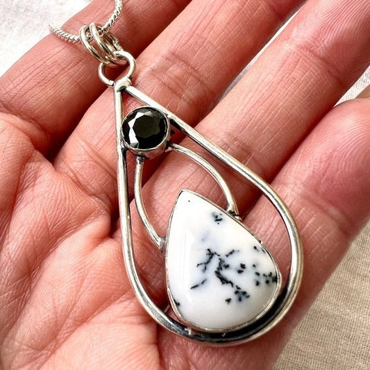 925 Elegant Nature Stone Dendritic Agate Pendant Necklace