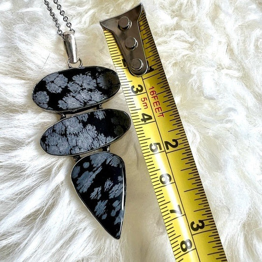 925 Clarity Triple Snowflake Obsidian Pendant Necklace