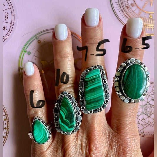 925 You Choose! Malachite Heart Activation Ring 6, 6.5, 7.5, 10