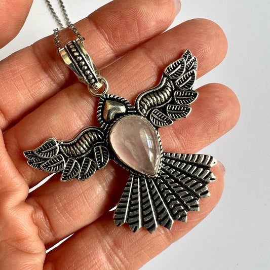 925 Peace Dove Rose Quartz Pendant Necklace Phoenix Eagle Bird