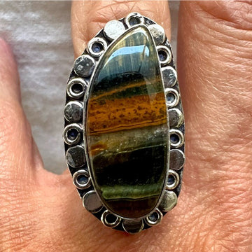 925 INSANELY Gorgeous! Layered Blue Black Brown Tigers Eye Ring 6