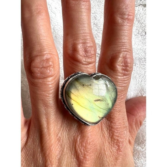 925 GOLD FLASH Labradorite ❤️ Heart Ring 6 1/2