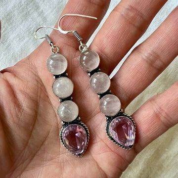 925 Love Bomb Rose Quartz Elegant Long Earrings