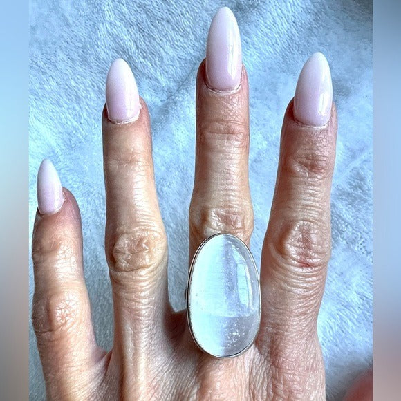 925 RAW Selenite Crystal Charging Ring 6.75