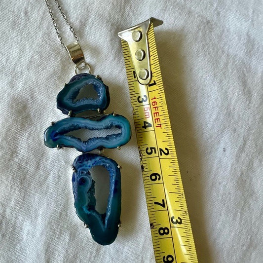925 Blue Micro Quartz Crystals Window Agate Pendant Necklace
