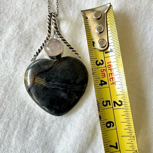 925 Love + Protection Rose Quartz + Banded Onyx Heart ❤️ Necklace Pendant