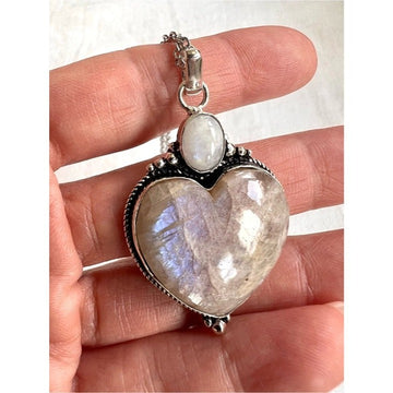 925 OMG OMG Blue Flash Peach Moonstone ❤️ Heart Pendant Necklace