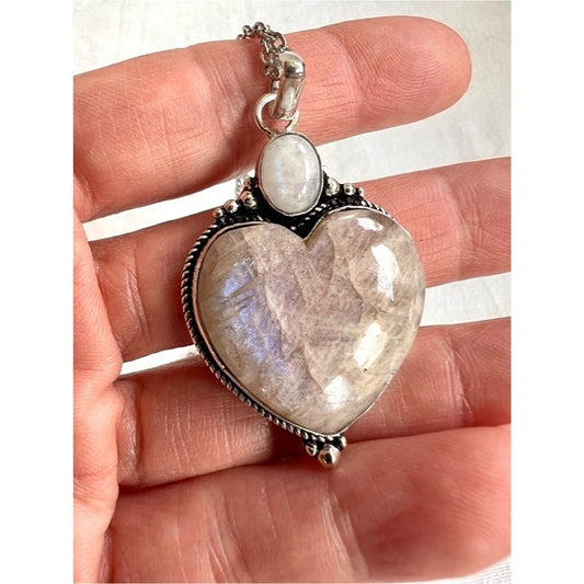 925 OMG OMG Blue Flash Peach Moonstone ❤️ Heart Pendant Necklace