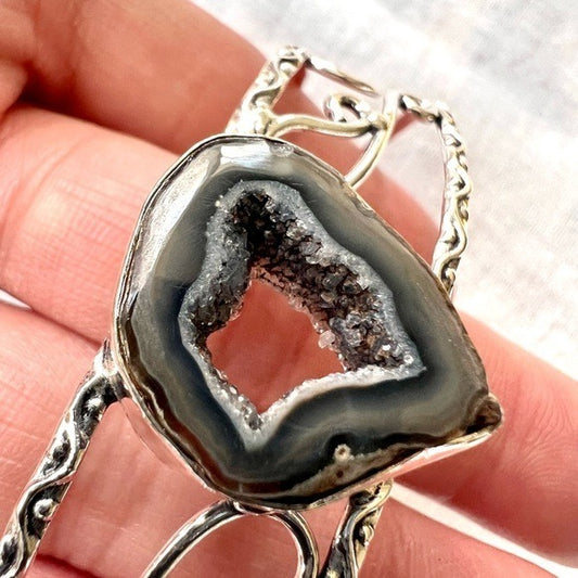 925 Micro Quartz Crystal Geode Cuff Bracelet
