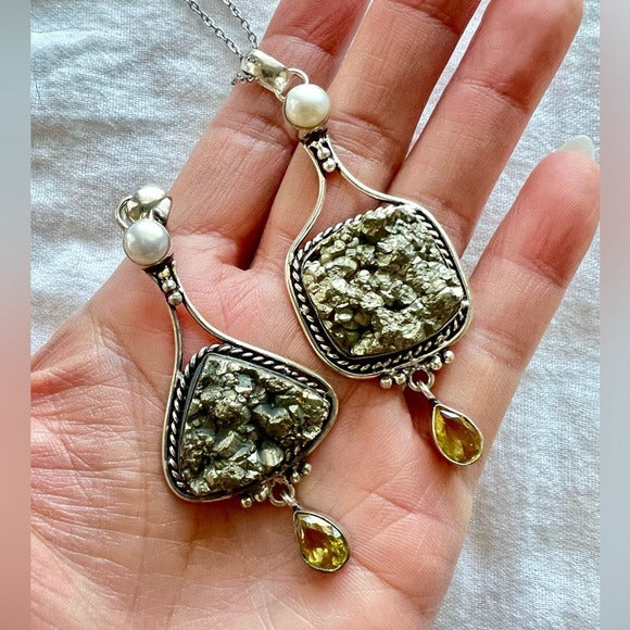 925 Abundance Cubed Pyrite + Citrine Pendant Necklace