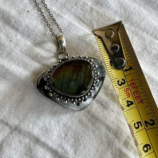 925 Flash Labradorite Layered Moonstone w/ Blk Tourmaline! Pendant Necklace
