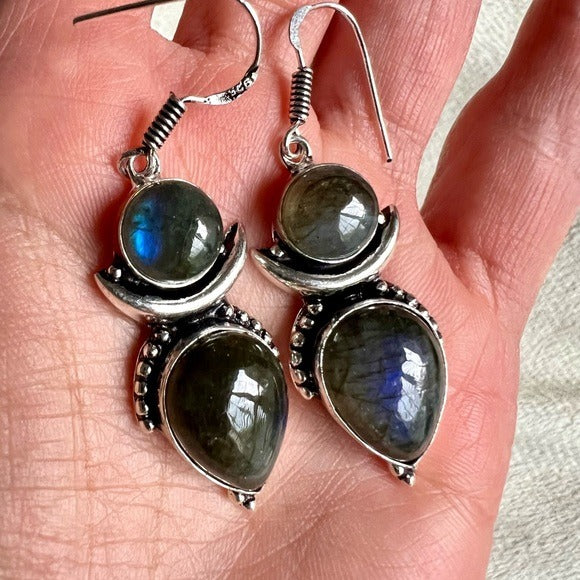 925 Dark Labradorite Blue Flash Angel Earrings