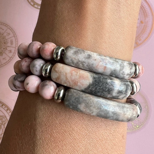 3 Bracelet Stack! Pink Zebra Jasper Mala ID Style