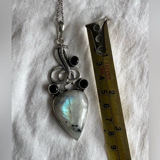 925 DIVINE FEMININE Snake Serpent Rainbow Moonstone Necklace Pendant