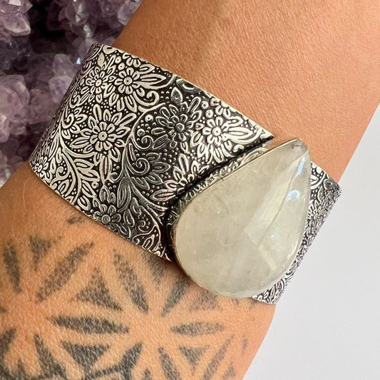 925 Rainbow Moonstone Embossed Cuff Bracelet