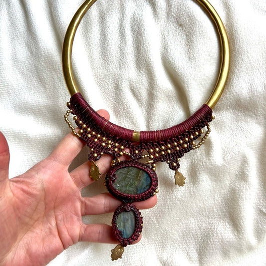 AMAZING! Brass + Hemp Hamsa GODDESS Collar Flash Labradorite Statement Necklace