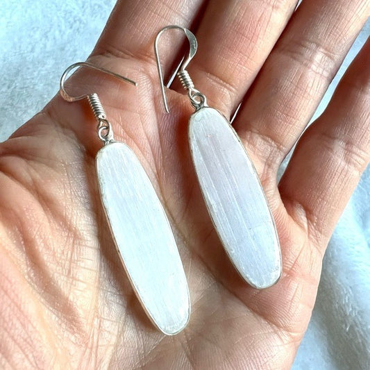 925 Long Elegant Raw Selenite Charging Earrings