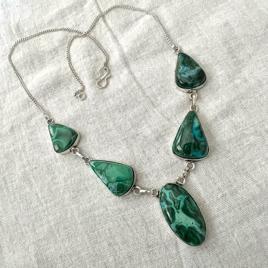 925 Malachite Chrysocolla 5 Stone Necklace