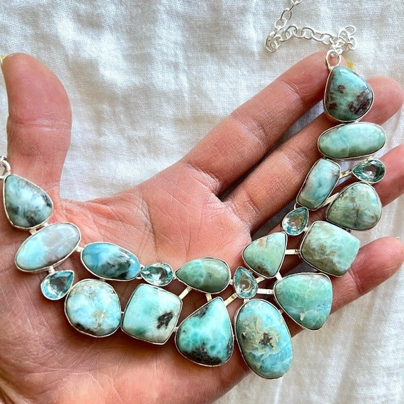 925 Goddess Larimar Multi Stone Collar Bib Necklace