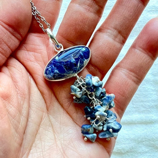 925 Spiritual Sodalite Dangling Stones Pendant Necklace