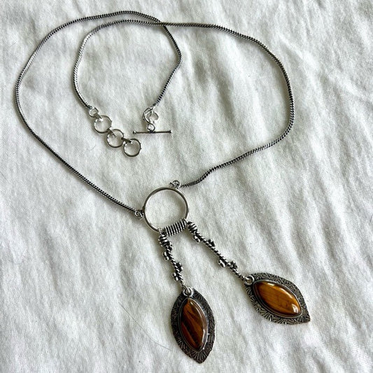 925 Lariat Style Marquis Tigers Eye Necklace Pendant