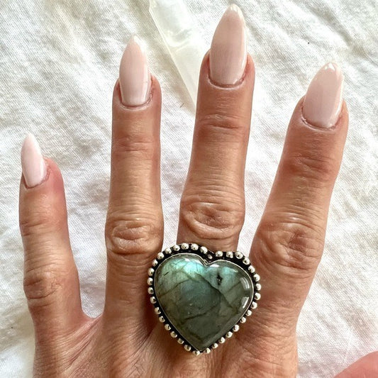 925 LOVE ❤️ Heart Flash Labradorite Ring 8