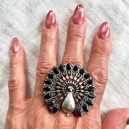 925 HUGE! Peacock Black Spinel Mandala Ring 8.5