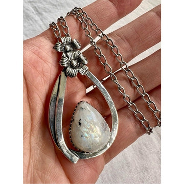 925 Rainbow Flash Moonstone Plumeria Flower Necklace Pendant
