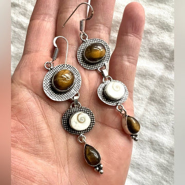 925 Will Power Tigers Eye + Shivas Eye Shell Earrings