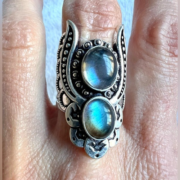 925 Flash Labradorite GODDESS ANGEL WING Ring 6 7 8 9 10 11