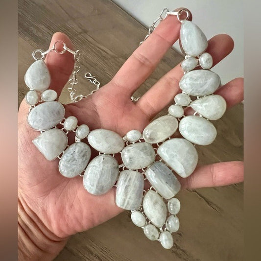 925 MOON GODDESS Rainbow Moonstone Collar Bib Necklace