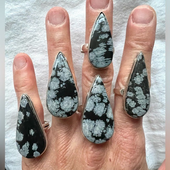 925 Snowflake Obsidian Stunning Teardrop Ring! 7 8 9 8.5 9.5