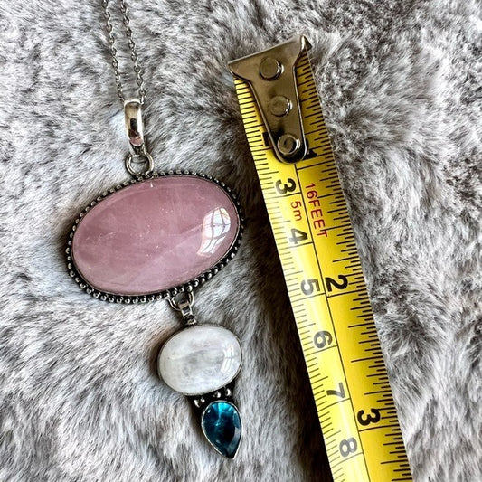 925 Stunning! ROSE QUARTZ + Moonstone + London Topaz Necklace Pendant