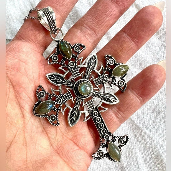 925 Ornamental Gothic Flash Labradorite 5 Point CROSS Necklace