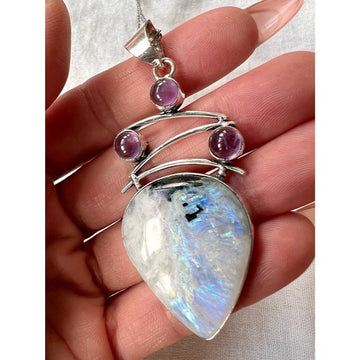 925 OMG OMG! OOAK Rainbow Flash Moonstone + Amethyst Pendant Necklace