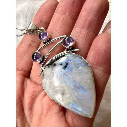 925 OMG OMG! OOAK Rainbow Flash Moonstone + Amethyst Pendant Necklace