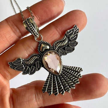 925 Morganite Peace Dove Necklace Pendant Phoenix Eagle Bird