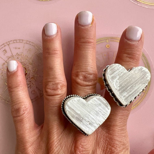 925 RAW Selenite Heart Crystal Charge Ring 5 6 7 8 9 10.5