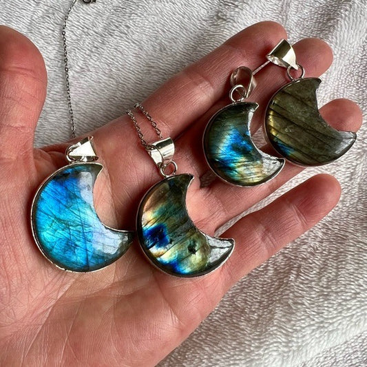 925 You Choose! Flash Labradorite LUNA Moon Necklace Pendant