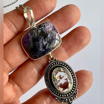 925 Positively Fabulous! Charoite + Tooaz Dangle Pendant Necklace