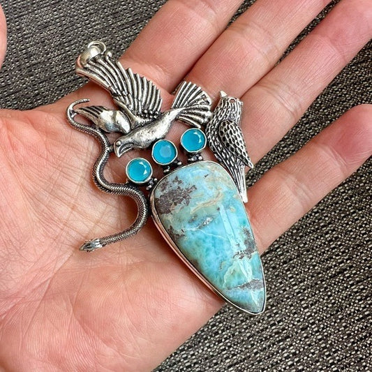 925 Divine Feminine Snake Serpent Peace Dove HUGE LARIMAR Pendant Necklace