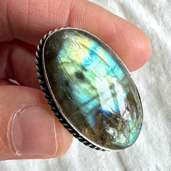 925 Bright Flash Labradorite Ring 7.5