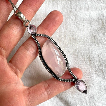 925 Long Elegant Rose Quartz Pendant Necklace