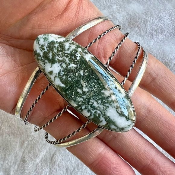 925 EARTH STONE Moss Agate Cuff Bracelet