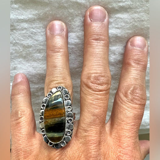 925 INSANELY Gorgeous! Layered Blue Black Brown Tigers Eye Ring 6