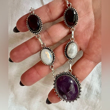 925 GORGEOUS! Rainbow Flash Moonstone + Amethyst Necklace Pendant