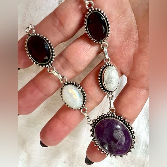 925 GORGEOUS! Rainbow Flash Moonstone + Amethyst Necklace Pendant