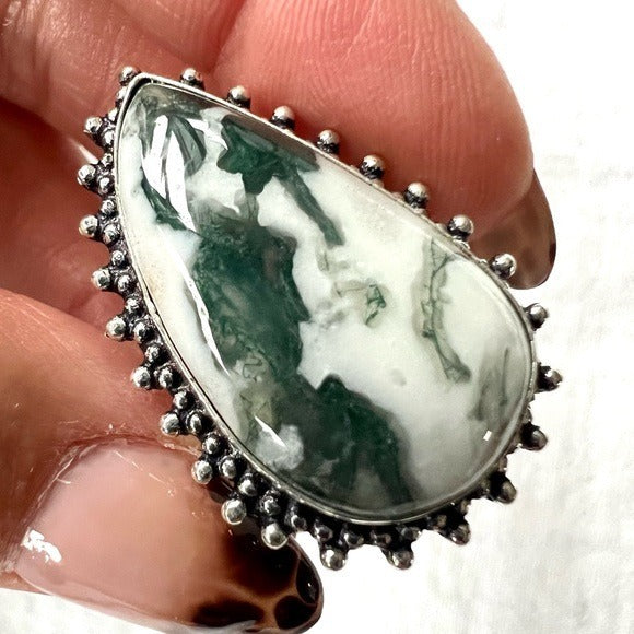 925 Mother Earth Tree Agate Teardrop Ring 8
