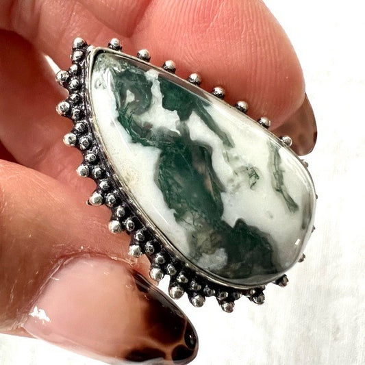 925 Mother Earth Tree Agate Teardrop Ring 8